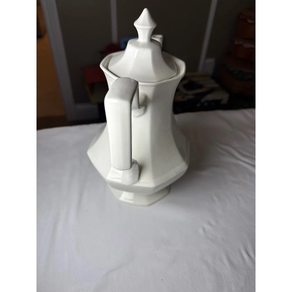 Vintage White Octagonal Ceramic Coffee Pot with Lid Beaded Trim 9.5 Inch